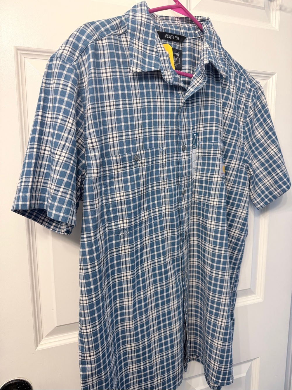 Carhartt Blue and White Plaid Short Sleeve Button-Down Shirt